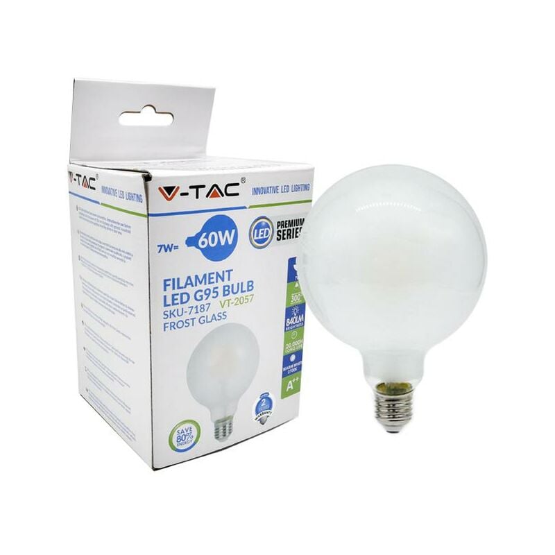 foto del prodotto lampadina led 7w filamento e27 g95 opaco bianco caldo 2700k luce calda