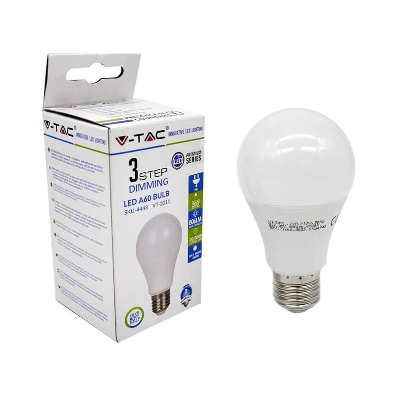 foto del prodotto lampadina led 9w e27 a60 termoplasticoo 3 fase dimming bianco caldo 2700k luce calda