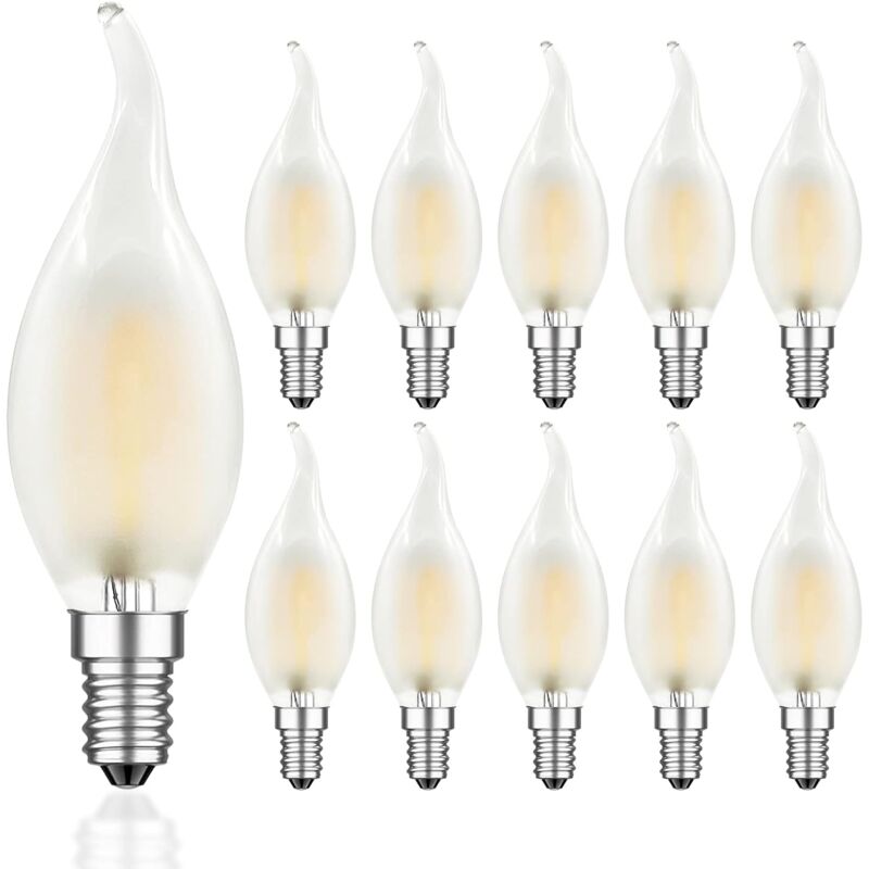 foto del prodotto lampadina led a filamento dimmerabile e14 da 4 w, lampadine a fiamma, bianco caldo 2700 k, angolo del fascio di 360 , confezione da 10
