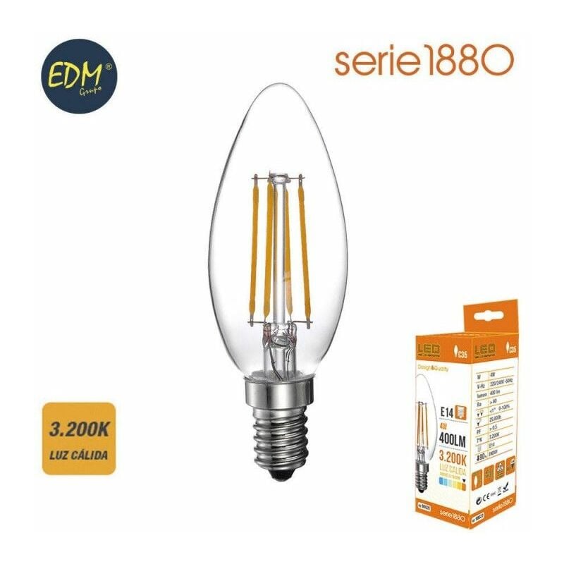 foto del prodotto lampadina led a filamento edm e14 4w 500lm 3200k luce calda 3,5x9,8cm