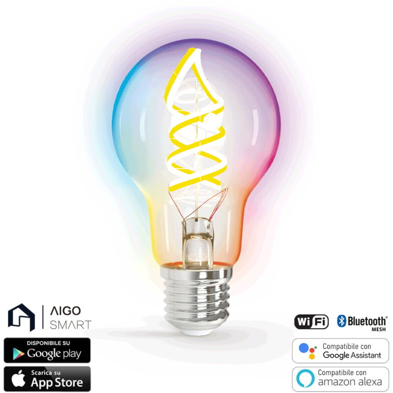 foto del prodotto lampadina led a filamento smart a60 e27 4,9w bluetooth mesh rgb bianco caldo 2700k luce regolabile e dimmerabile aigostar