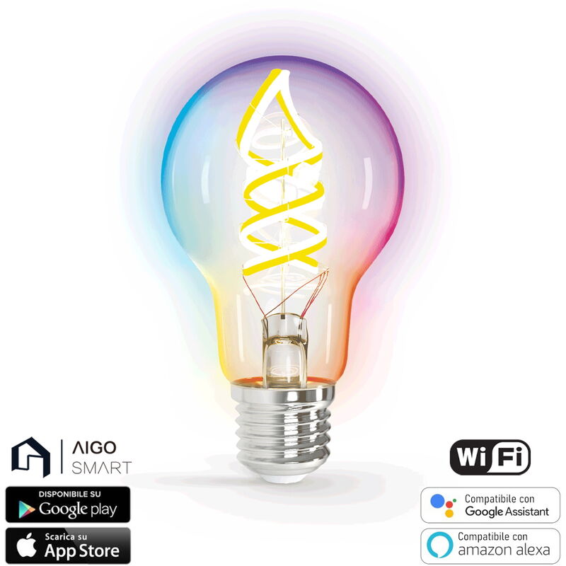 foto del prodotto lampadina led a filamento smart a60 e27 4,9w wifi rgb bianco caldo 2700k luce regolabile e dimmerabile aigostar