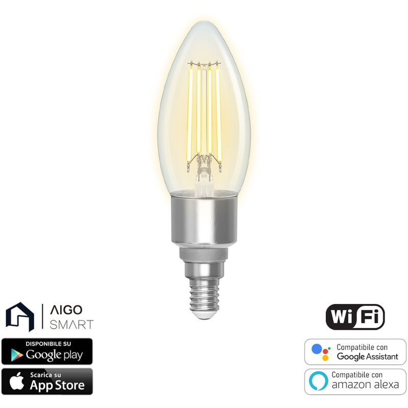 foto del prodotto lampadina led a filamento smart c35 e14 4,5w wifi cct luce regolabile e dimmerabile aigostar