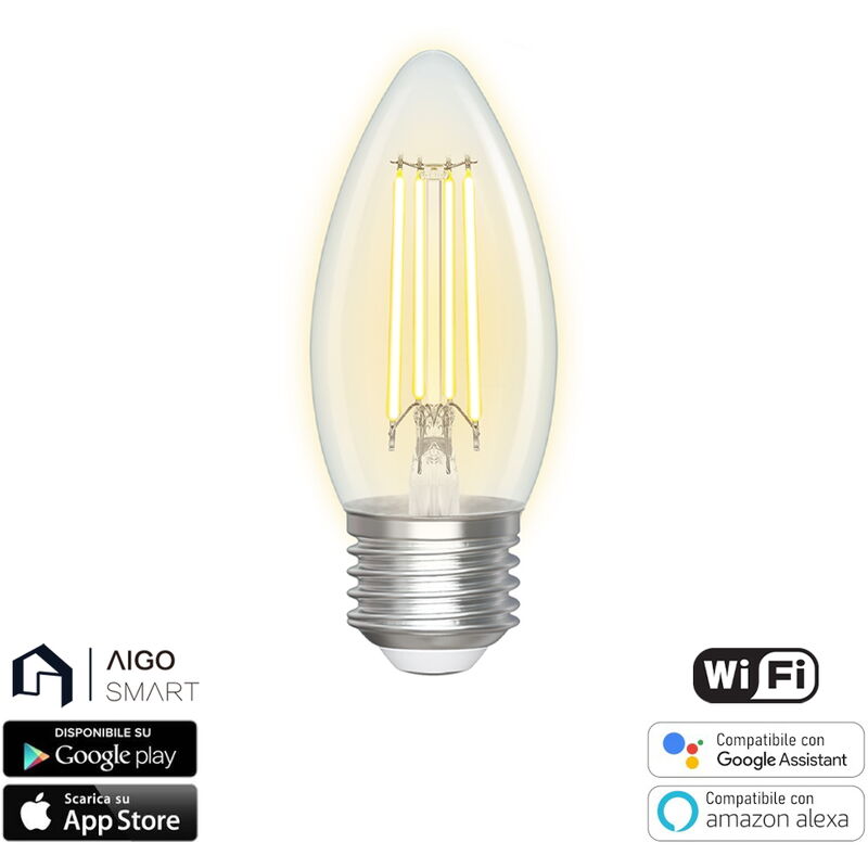 foto del prodotto lampadina led a filamento smart c35 e27 4,5w wifi cct luce regolabile e dimmerabile aigostar