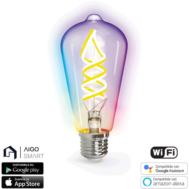 foto del prodotto lampadina led a filamento smart st64 e27 4,9w wifi rgb bianco caldo 2700k luce regolabile e dimmerabile aigostar