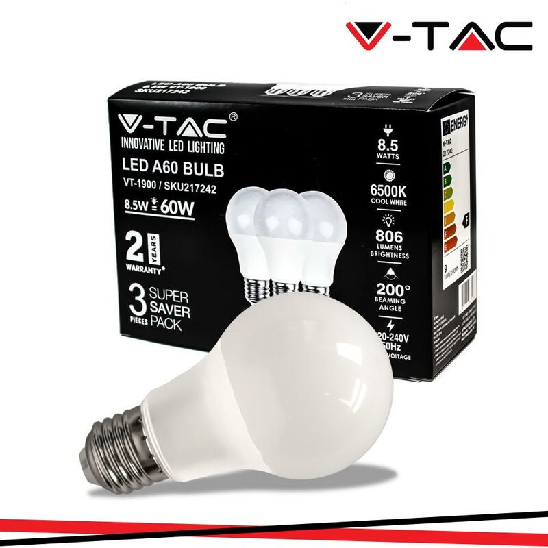 foto del prodotto lampadina led a60 v tac 217242 vt 1900 n e27 8,5w 6500k 3pezzi