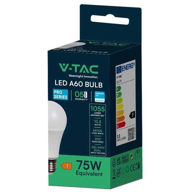 foto del prodotto lampadina led a60 v tac chip samsung 10,5w e27 6500k vt 211 21179