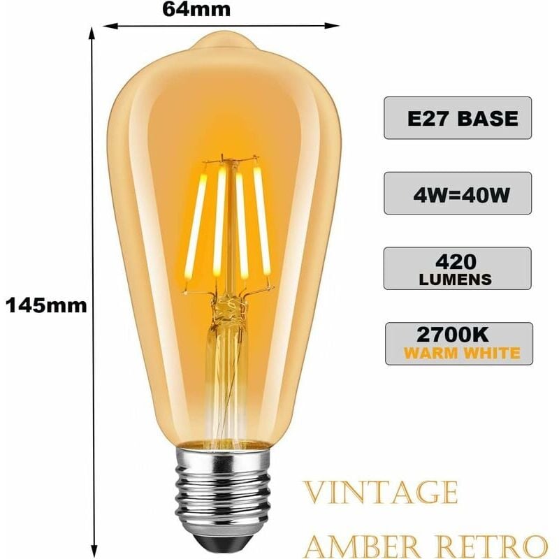 foto del prodotto lampadina led alovez e27, lampadina decorativa retr edison, lampada antica vintage, st64, 4 w, equivalente a lampadina a incandescenza da 40 w, 400
