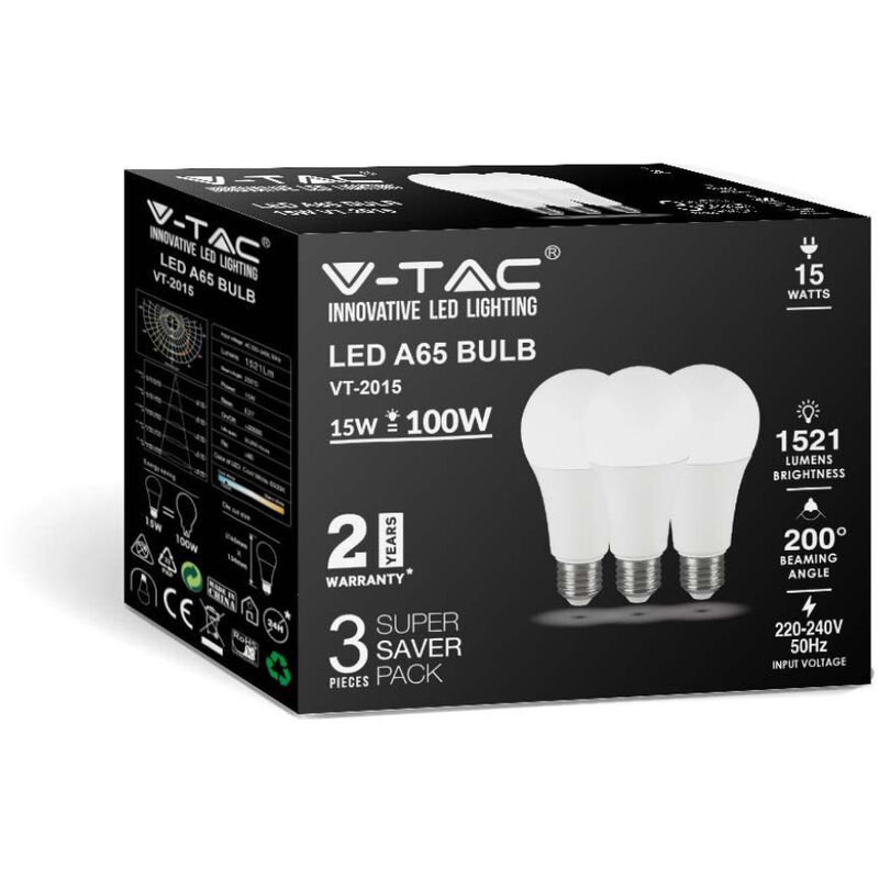 foto del prodotto lampadina led attacco e27 da 15w a65 bianco caldo box 3 pezzi v tac