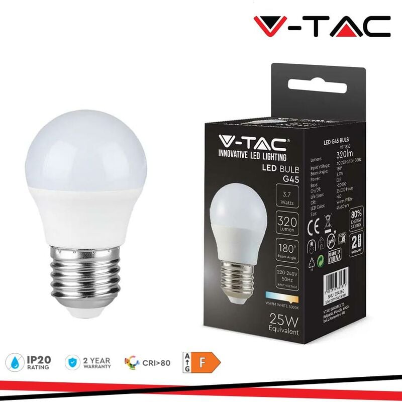 foto del prodotto lampadina led attacco e27 da 3,7w g45 bianco caldo in plastica v tac