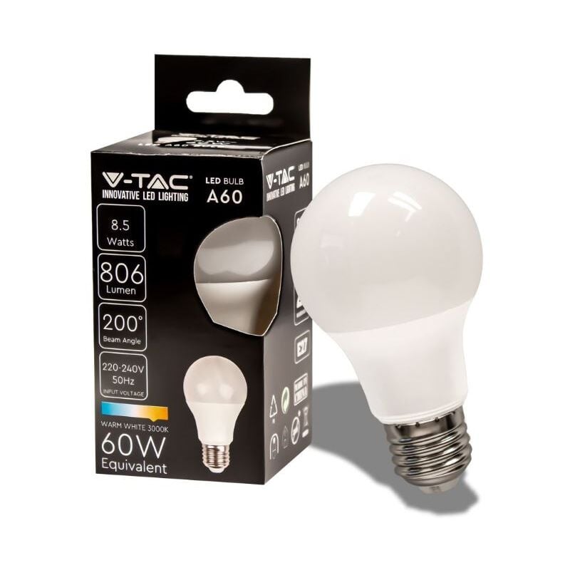foto del prodotto lampadina led attacco e27 da 8,5w a60 bianco caldo in plastica v tac