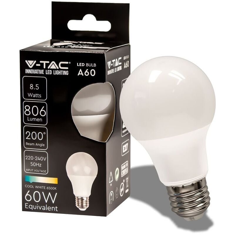 foto del prodotto lampadina led attacco e27 da 8,5w a60 bianco freddo in plastica v tac