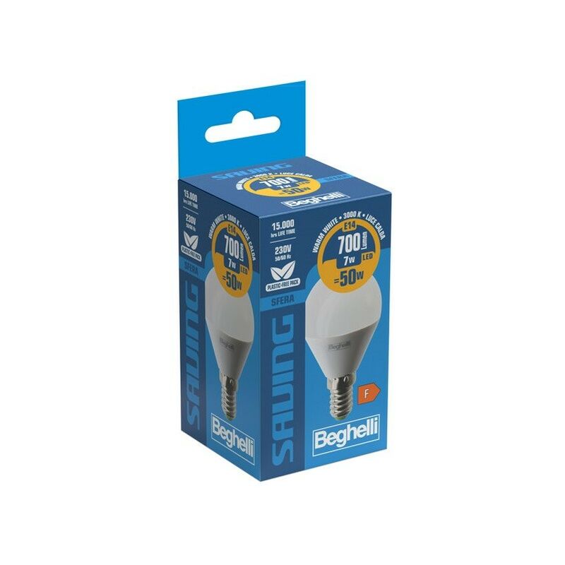 foto del prodotto lampadina led beghelli sfera saving e14 700 lumen 7w lampadina luce calda 3000k