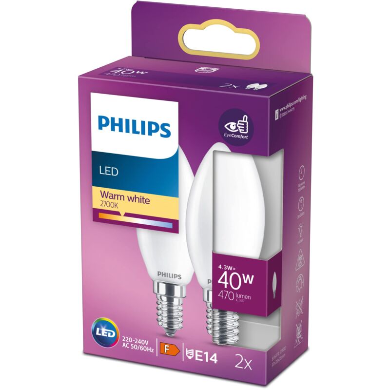 foto del prodotto lampadina led candela, 2 pz, 4.3w, attacco e14, luce bianca calda philips