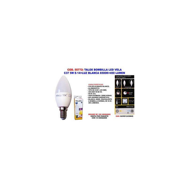foto del prodotto lampadina led candela c37 5w e14 bianca 6500k 450 lumen