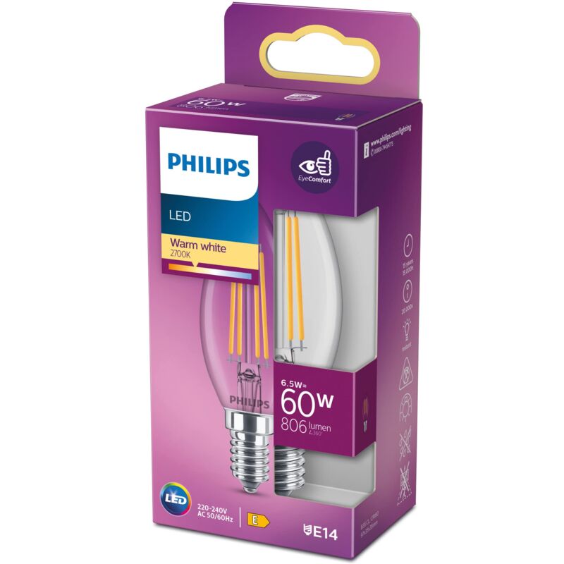 foto del prodotto lampadina led candela philips trasparente 6,5 w 60 w e14 2.700 k 
