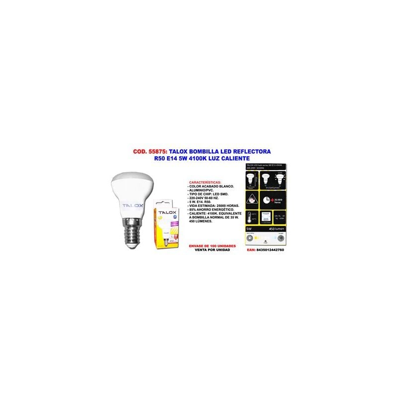 foto del prodotto lampadina led con riflettore talox r50 e14 5w 4100k luce neutra