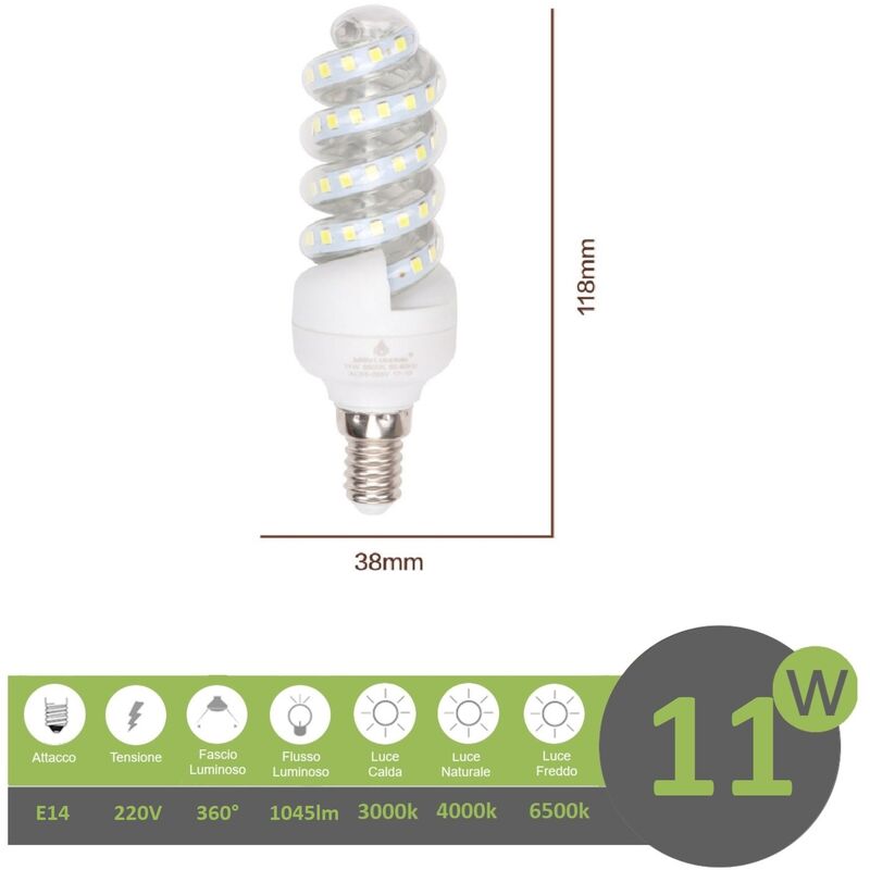 foto del prodotto lampadina led e14 11w tortiglione vortice luce spirale attacco piccolo bianca fredda naturale calda calda 3000k
