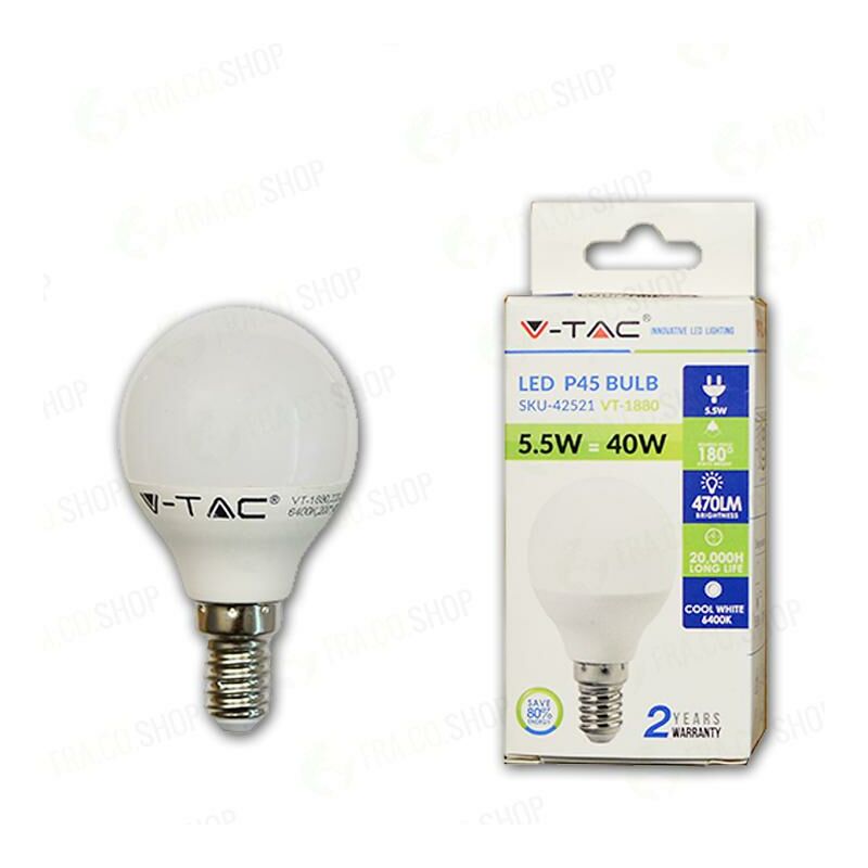 foto del prodotto lampadina led e14 5,5w p45 termo plastica bianco 6400k luce fredda