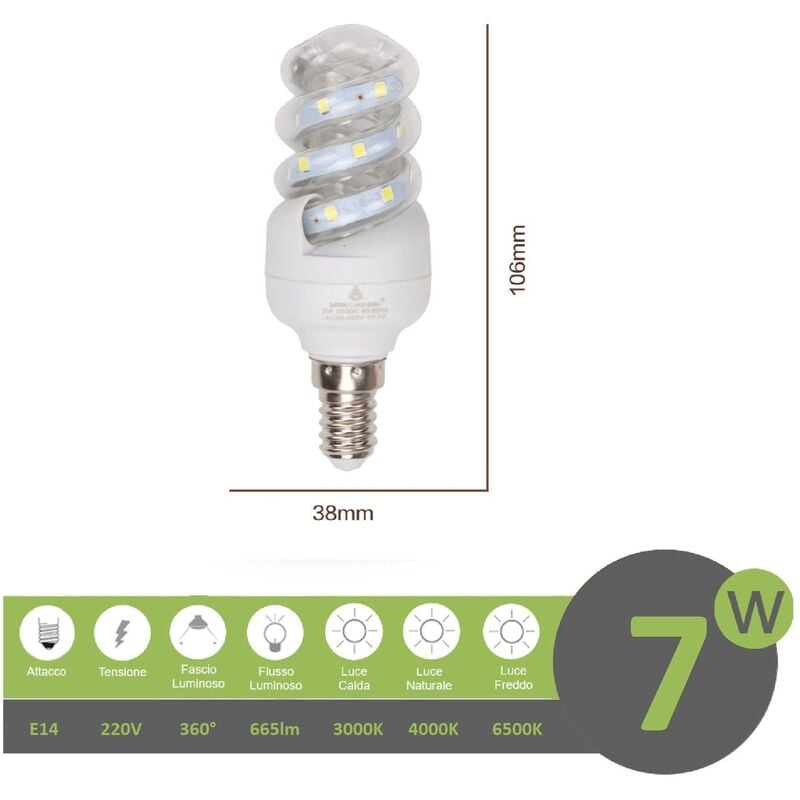 foto del prodotto lampadina led e14 7w tortiglione vortice luce spirale attacco piccolo bianca fredda naturale calda calda 3000k