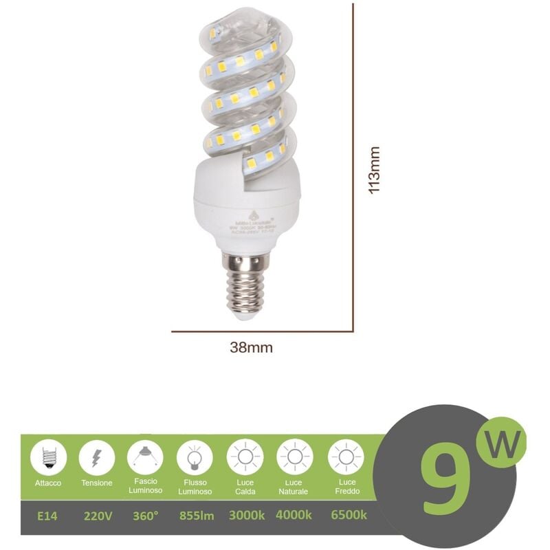 foto del prodotto lampadina led e14 9w tortiglione vortice luce spirale attacco piccolo bianca fredda naturale calda naturale 4000k