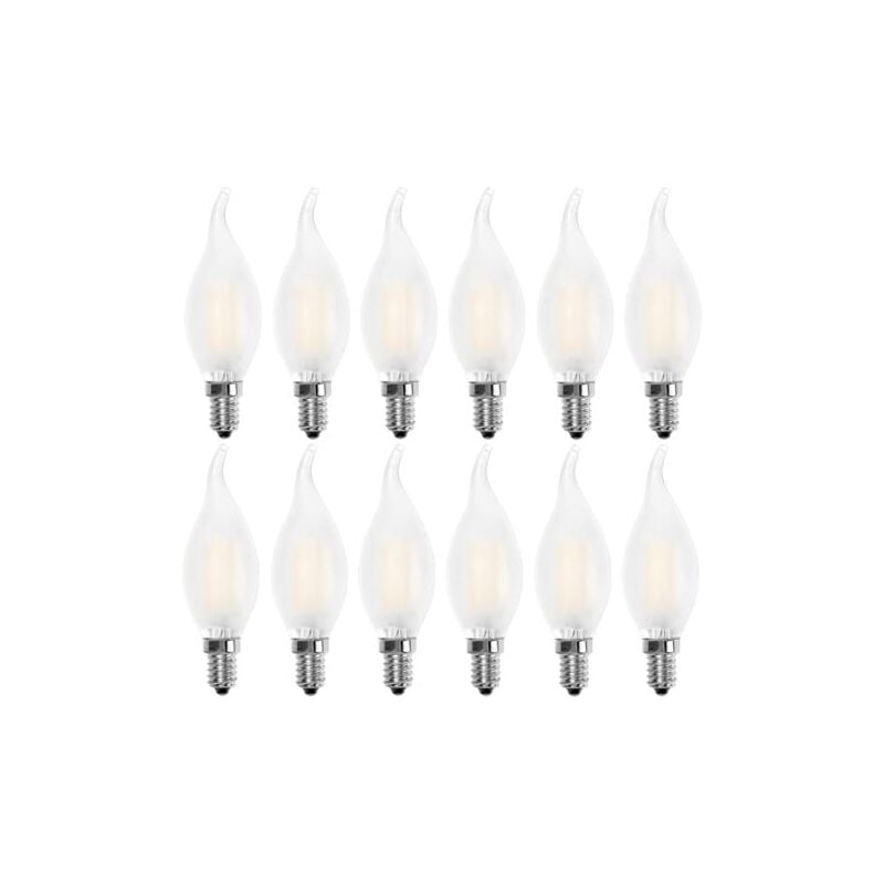 foto del prodotto lampadina led e14 a forma di candela, bianco caldo 2700k, equivalente a 40w, 400lm, confezione da 12 classe energetica a lablanc