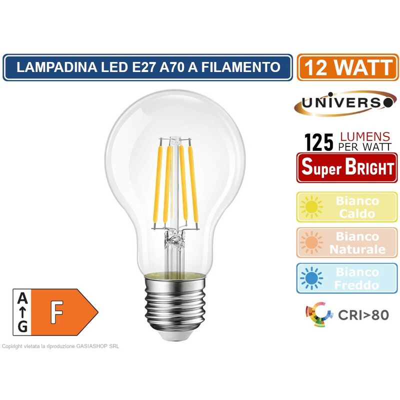foto del prodotto lampadina led e27 12w bulb a70 filamento 360 1500 lumen 3000k 4000k 6500k colore luce bianco freddo universo