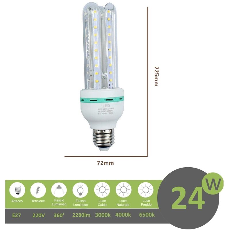 foto del prodotto lampadina led e27 24w 4u tubo attacco grande luce tubolare lineare bianca fredda naturale calda naturale 4000k