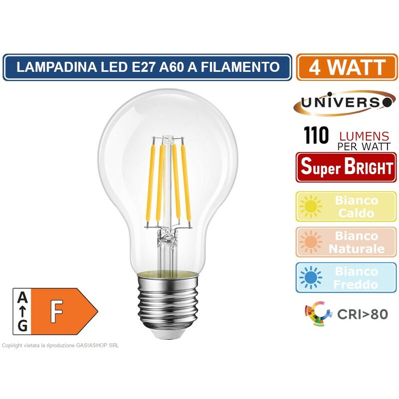 foto del prodotto lampadina led e27 4w bulb a60 filamento 360 4400 lumen 3000k 4000k 6500k colore luce bianco caldo universo