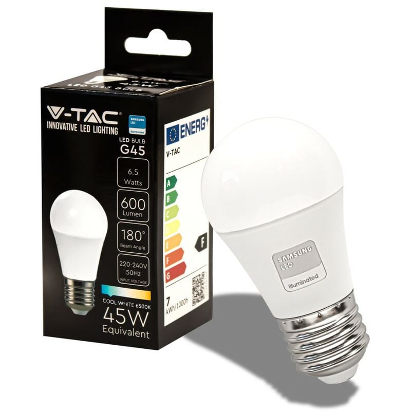 foto del prodotto lampadina led e27 6.5w bulb g45 miniglobo smd chip samsung sku 21866 21867 21868 bianco caldo