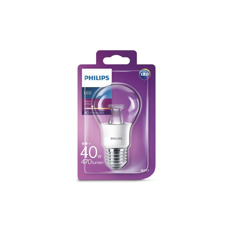 foto del prodotto lampadina led e27, 6 w equivalenti a 40 w , luce bianca calda, non dimmerabile classe di efficienza energetica a philips
