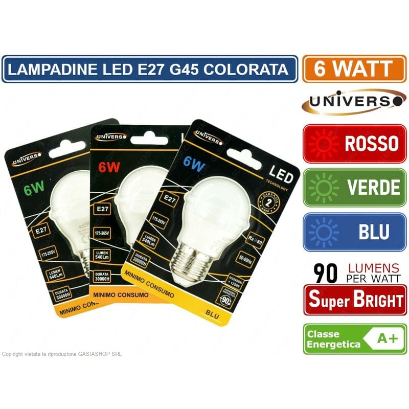 foto del prodotto lampadina led e27 6w miniglobo g45 colorata verde rossa blu 540 lumen colore luce rosso