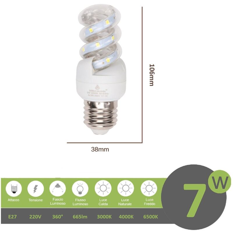 foto del prodotto lampadina led e27 7w tortiglione vortice luce spirale attacco grande bianca fredda naturale calda bianco freddo