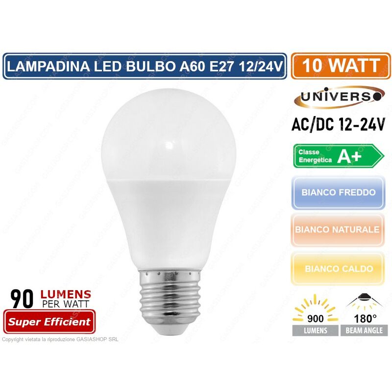 foto del prodotto lampadina led e27 ac dc 12v 24v bulb a60 10w 900 lumen colore luce bianco caldo