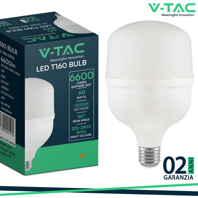 foto del prodotto lampadina led e27, incluso anello con attacco e40 60w t160 bianco freddo v tac