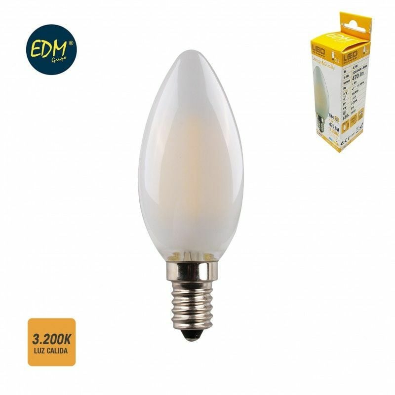foto del prodotto lampadina led edm a filamento in vetro opaco e14 4.5w 470lm 3200k luce calda 3.5x9.8cm