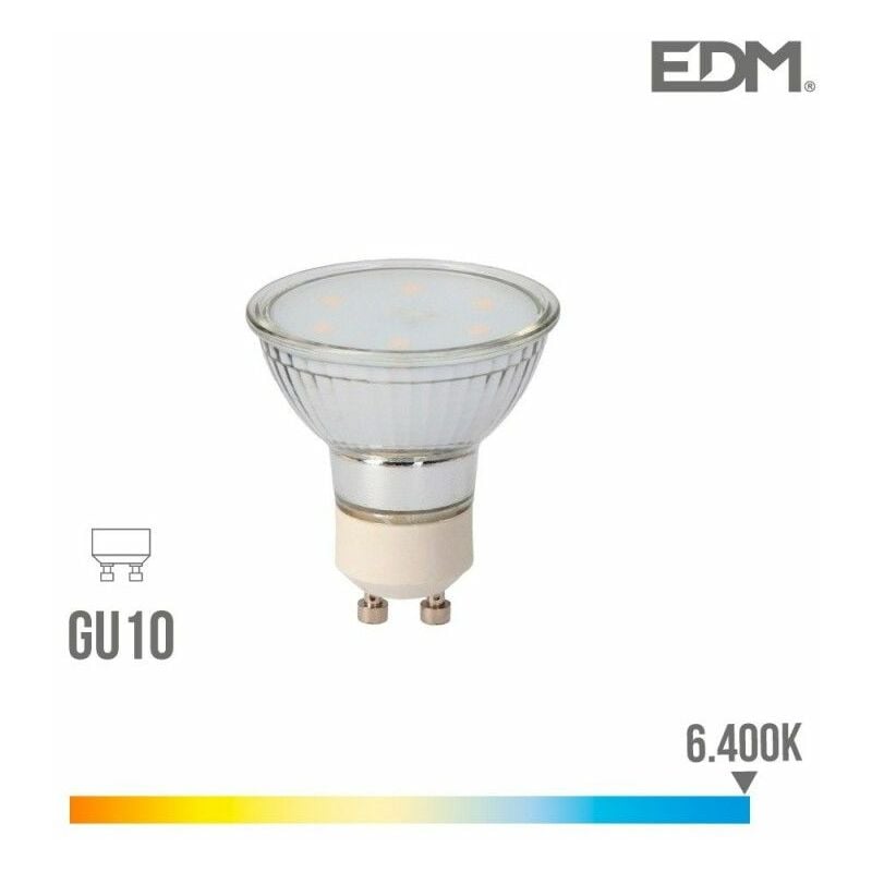foto del prodotto lampadina led edm in vetro dicroico gu10 5w 400lm 6400k luce fredda 5x5,5cm