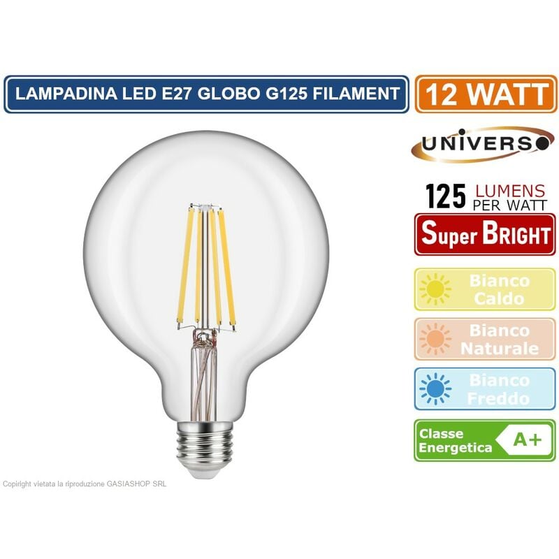 foto del prodotto lampadina led filamento e27 12w globo g125 1500 lumen colore luce bianco freddo universo