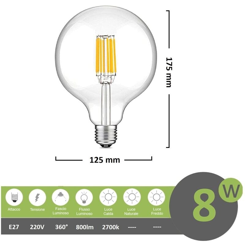 foto del prodotto lampadina led filamento g125 8w attacco grande e27 globo sfera palla trasparente luce calda 2700k