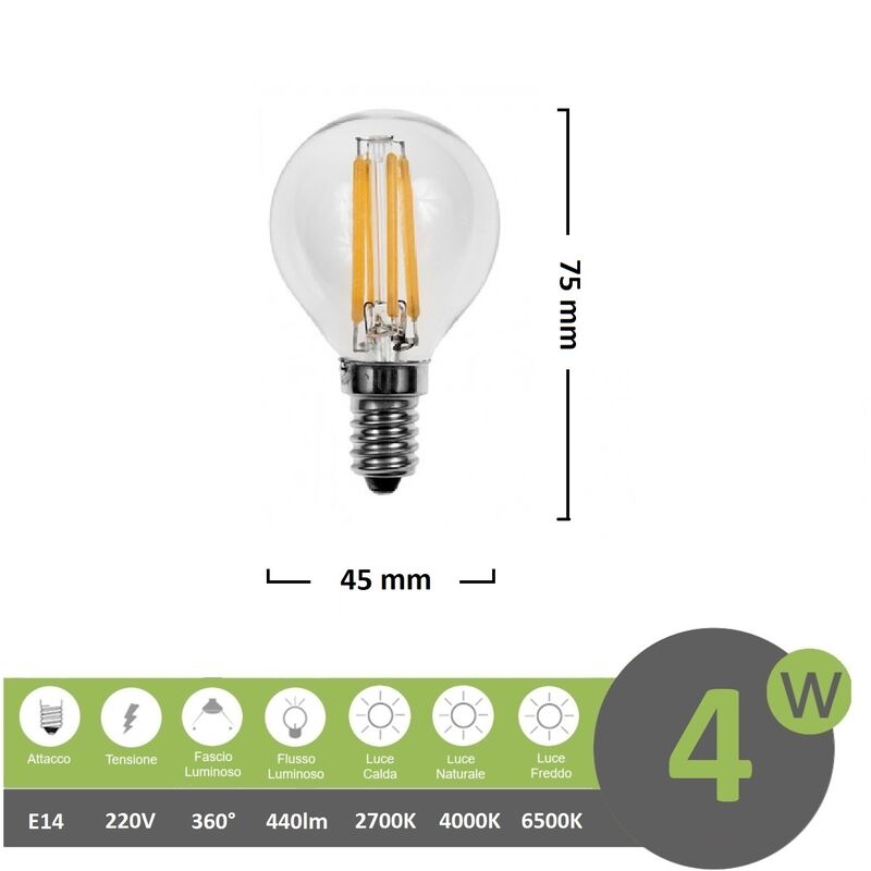 foto del prodotto lampadina led filamento g45 4w bulbo attacco e14 trasparente luce calda fredda bianca naturale bianco freddo