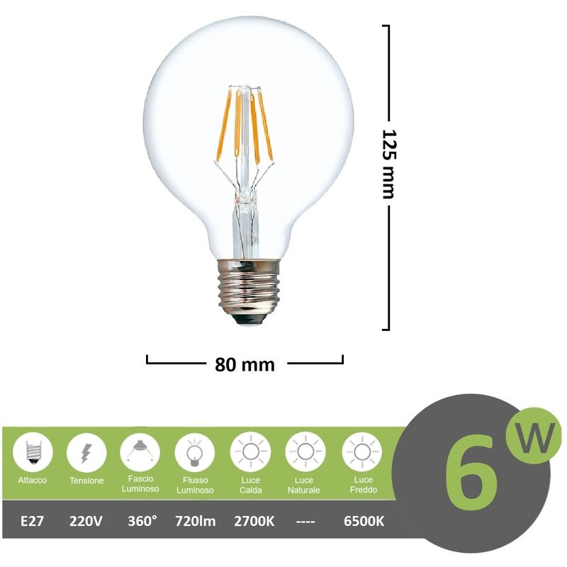 foto del prodotto lampadina led filamento g80 6w e27 globo sfera palla trasparente luce calda 2700k fredda bianca 6500k calda 2700k
