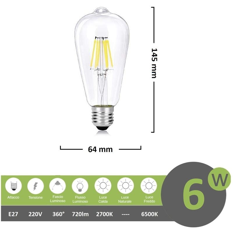 foto del prodotto lampadina led filamento vintage 6w attacco grande e27 trasparente luce calda fredda bianca a basso consumo luce calda