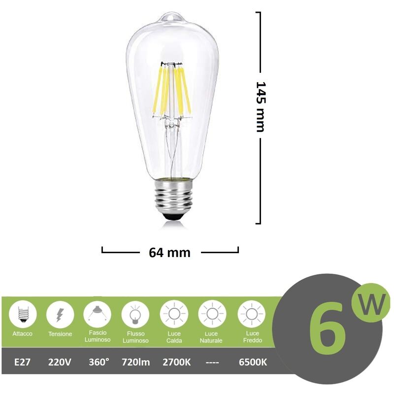 foto del prodotto lampadina led filamento vintage 6w attacco grande e27 trasparente luce calda fredda bianca a basso consumo luce fredda