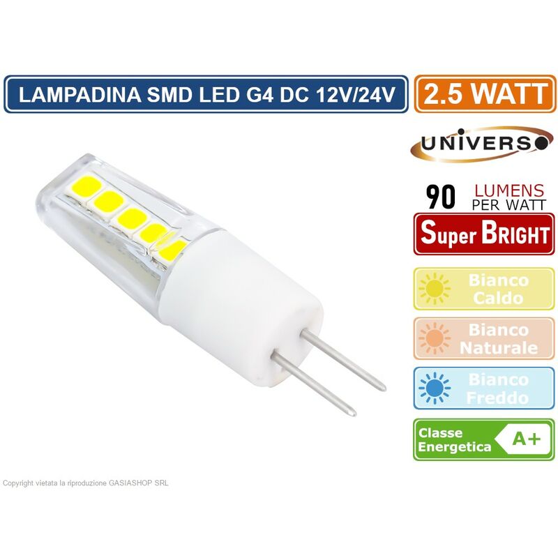foto del prodotto lampadina led g4 2.5w bulb chip smd 300 220 lumen ac dc 12v colore luce bianco caldo universo
