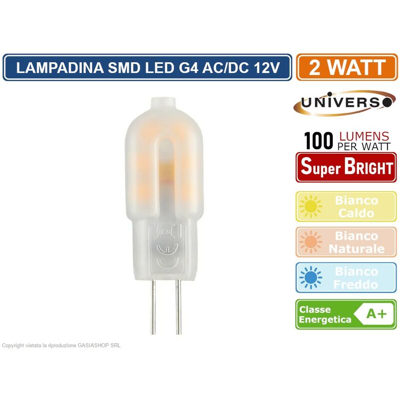 foto del prodotto lampadina led g4 2w bulb chip smd 300 200 lumen ac dc 12v colore luce bianco freddo universo