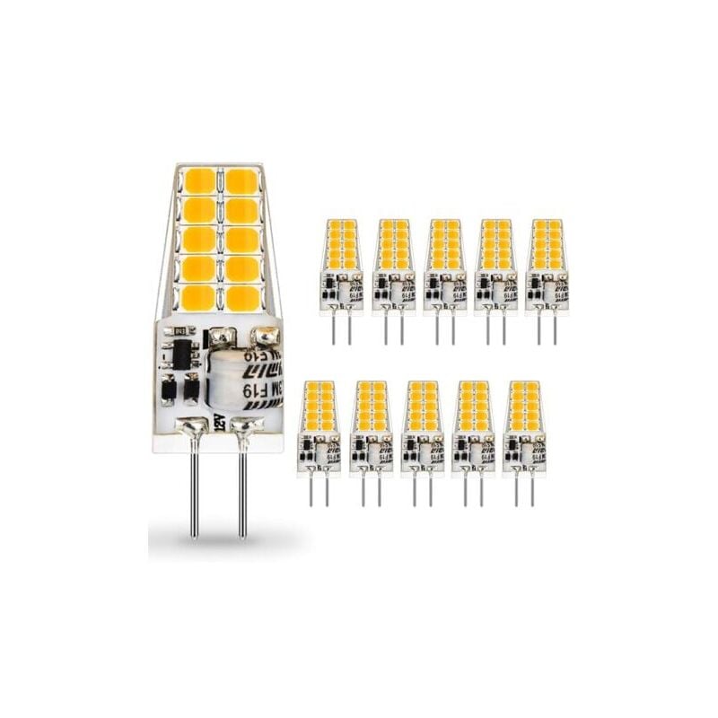 foto del prodotto lampadina led g4, 2w equivalente a lampada alogena da 20w, lampadine led g4 bianco caldo 3000k 220lm, non dimmerabile ac dc 12v 360 gradi, 10 pezzi