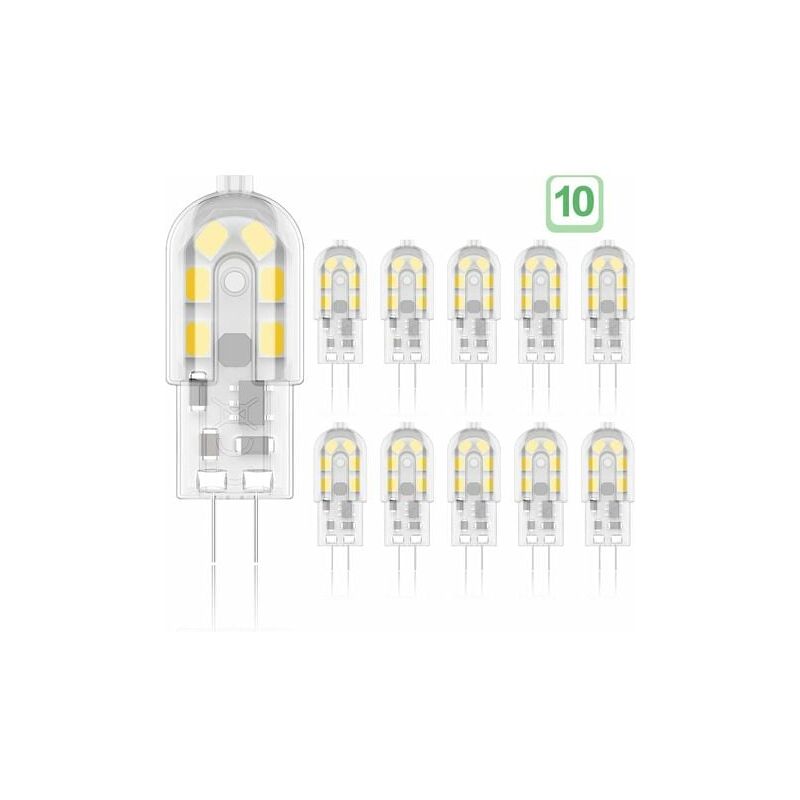 foto del prodotto lampadina led g4 2w, equivalente a lampadine alogene da 20w, bianco caldo 3000k, 200lm, 12 smd, 12v ac dc confezione da 10 classe energetica a 