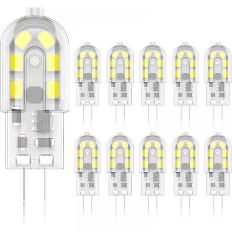 foto del prodotto lampadina led g4 3w, equivalente a una lampadina alogena da 20w, luce calda 6000k, 200 lumen, 12 smd, 12v ac dc confezione da 10 classe energetica