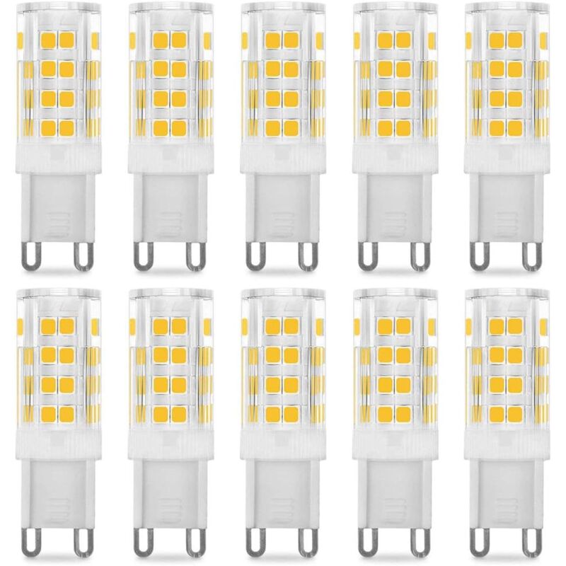 foto del prodotto lampadina led g9 da 5 w, equivalente a 40 w, bianco caldo 3000 k, 220 240 v, angolo del fascio di 360 , confezione da 10