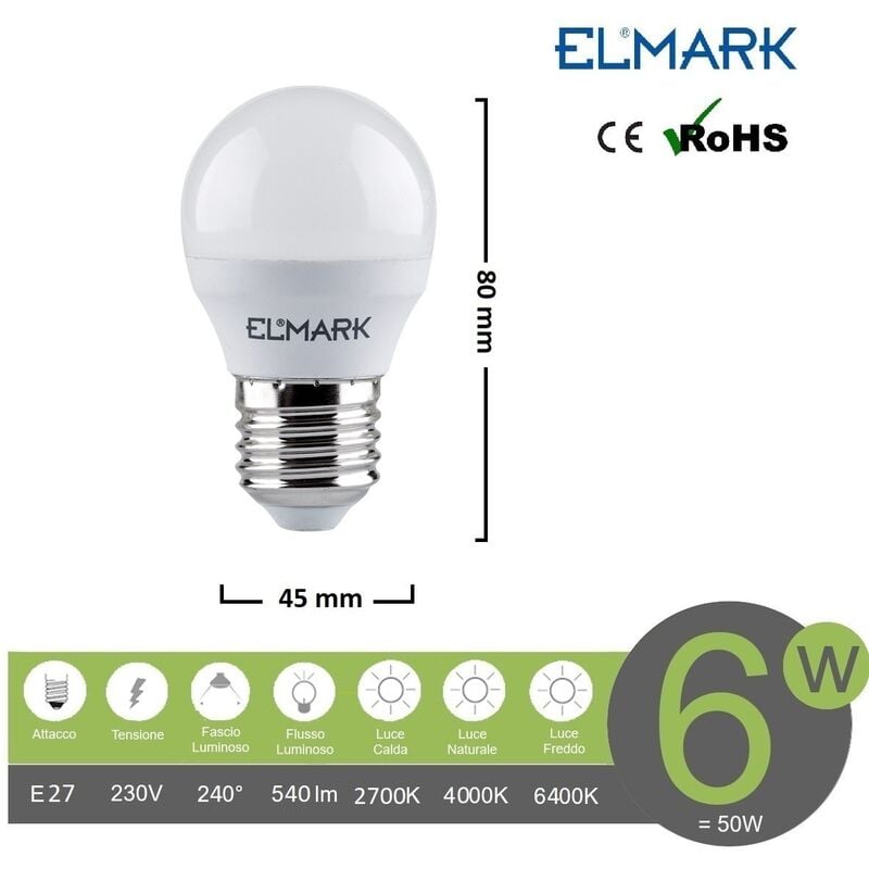 foto del prodotto lampadina led globo g45 e27 6w attacco grande sfera bianco basso consumo luce fredda naturale calda naturale